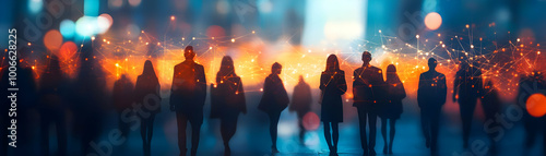 Abstract Digital Art of Silhouettes Connecting in a Business Network with Soft Bokeh Lights � Perfect for Advertising and Community Growth Visuals