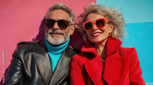 A fashionable senior couple wearing vibrant sunglasses and matching colorful outfits, enjoying sunshine against a bright, playful retro background, exuding happiness.