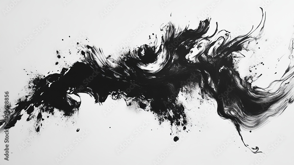 Abstract black ink splash with dynamic flow and movement on a clean white background in expressive modern art. Abstract black ink splash with dynamic flow and movement on a clean white background in expressive modern art.