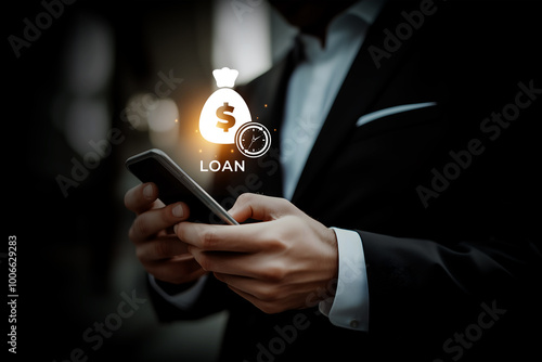 Businessman holding smartphone with online personal loan and financial concept. Banking and Business loan concept.