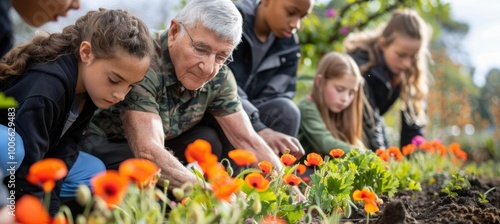 Educational Armistice Day Activity with Schoolchildren Planting Poppy Flowers in Community Garden photo