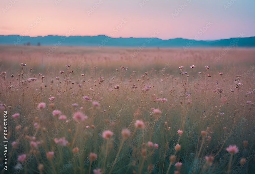 Naklejka premium Dried brown wildflowers or weeds in a field against a hazy, pastel-colored sky