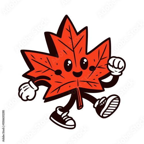 maple leaf walking retro mascot illustration