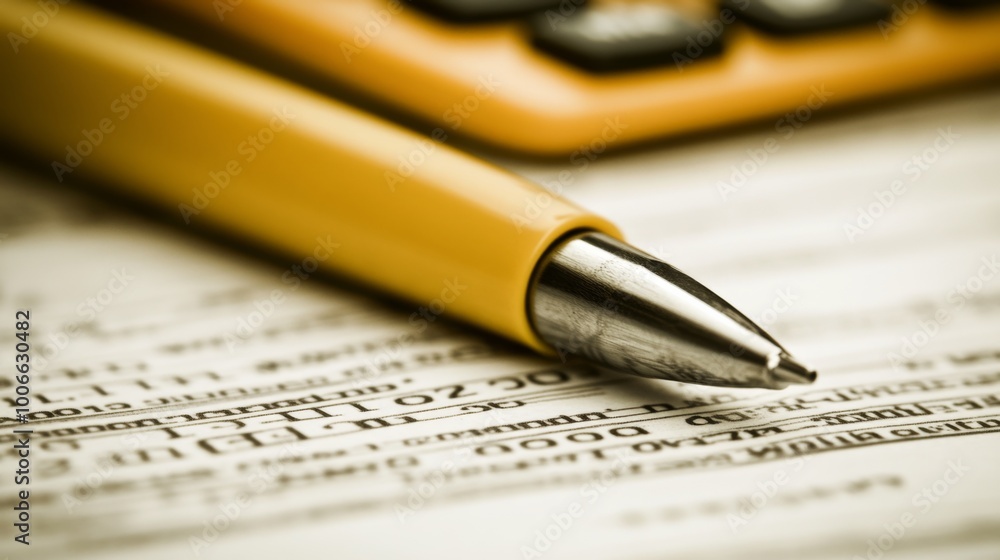 Fototapeta premium Yellow Pen and Calculator on Financial Documents