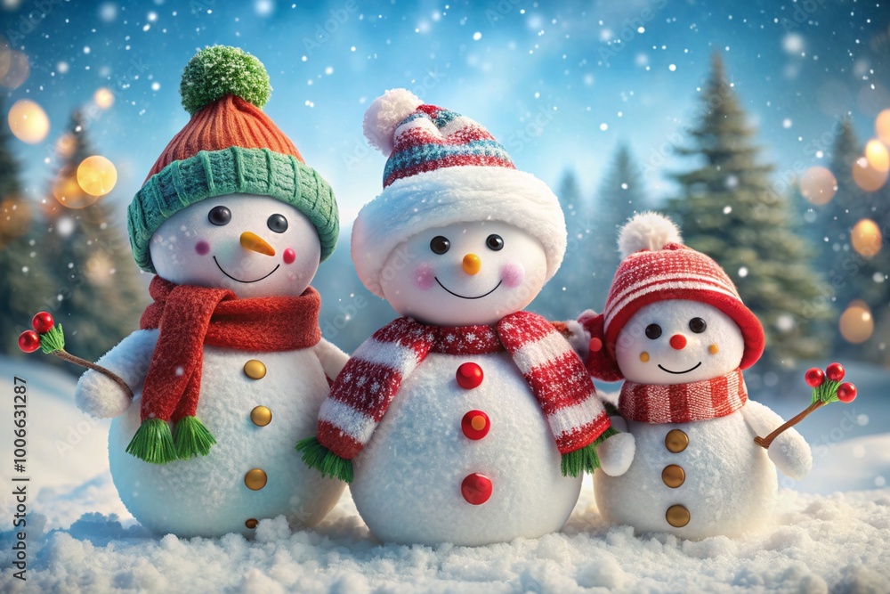 Winter. Happy New Year and Merry Christmas. Funny snowmen on a blurred background made of a beautiful side of colored lights. New Year's festive atmosphere. Winter. Happy New Year and Merry Christmas. Funny snowmen on a blurred background made of a beautiful side of colored lights. New Year's festive atmosphere.