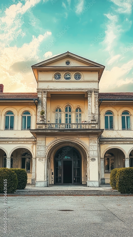 Fototapeta premium A stunning historical building with elegant architecture, featuring detailed facades and a charming entrance under a vibrant sky.