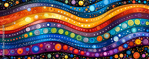 A colorful painting with many different colored circles and dots. The painting is very abstract and has a lot of different colors