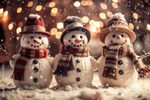 Wallpaper Mural Winter. Happy New Year and Merry Christmas. Funny snowmen on a blurred background made of a beautiful side of colored lights. New Year's festive atmosphere. Torontodigital.ca