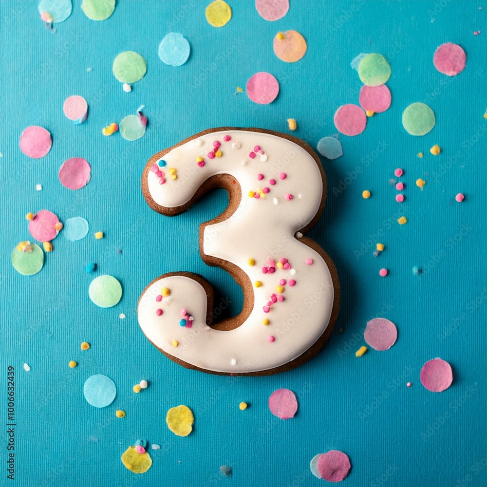 Decorated cookie, number 3, image for birthday or anniversary celebration Decorated cookie, number 3, image for birthday or anniversary celebration