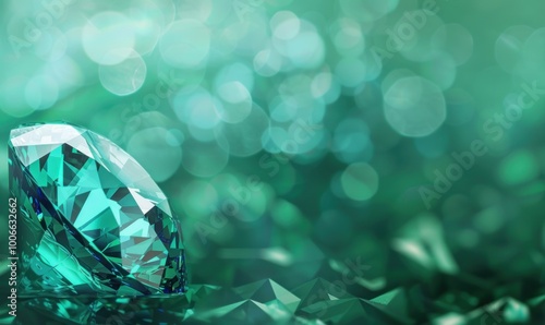 Close-up of a green emerald gemstone with a glowing bokeh background. Jewelry and luxury concept