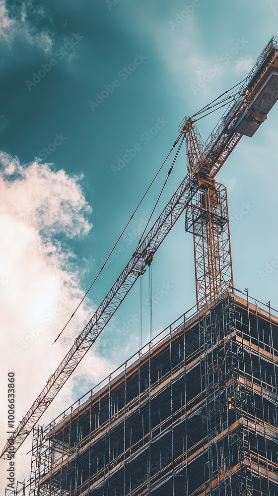 A towering construction site with a crane against a vibrant sky, showcasing modern architecture and urban development. A towering construction site with a crane against a vibrant sky, showcasing modern architecture and urban development.