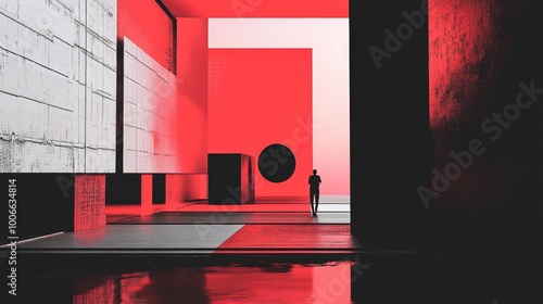 A striking abstract representation of futuristic architecture with bold red and black geometric shapes and a figure walking into the distance. photo