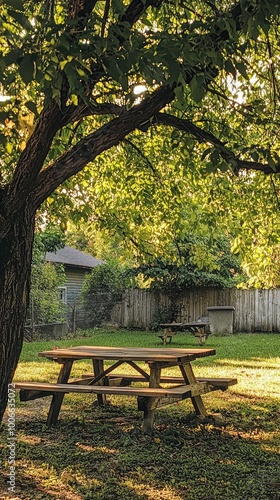 A tranquil outdoor scene featuring a wooden picnic table shaded by a leafy tree in a serene natural setting.