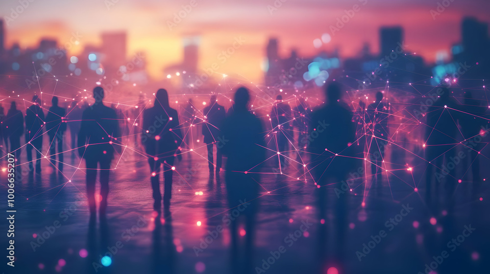 3D Abstract Digital Art: Silhouettes Connecting in a Business Network with Soft Bokeh Lights - Community & Growth Icon for Advertising 3D Abstract Digital Art: Silhouettes Connecting in a Business Network with Soft Bokeh Lights - Community & Growth Icon for Advertising