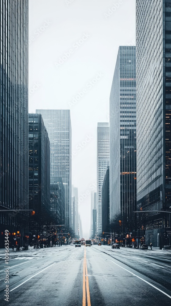 Obraz premium A tranquil street scene showcasing modern skyscrapers and an empty roadway, evoking a sense of urban calm amidst city hustle.