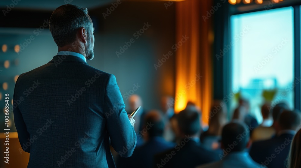 Speaker giving presentation at corporate business conference Speaker giving presentation at corporate business conference