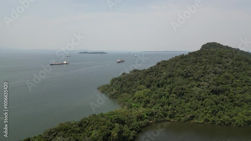 Ship leaving the Port of Paranaguá towards the Atlantic Ocean through the Bay of Paranaguá and Galheta Channel.