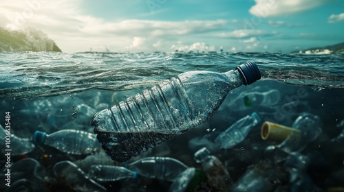 Ocean pollution shown through the lens of floating plastic waste, illustrating environmental challenges and ecological impact.