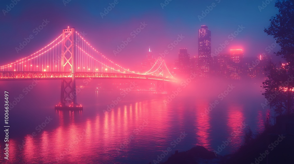 Fototapeta premium Pink Neon City Skyline with Bridge and Fog