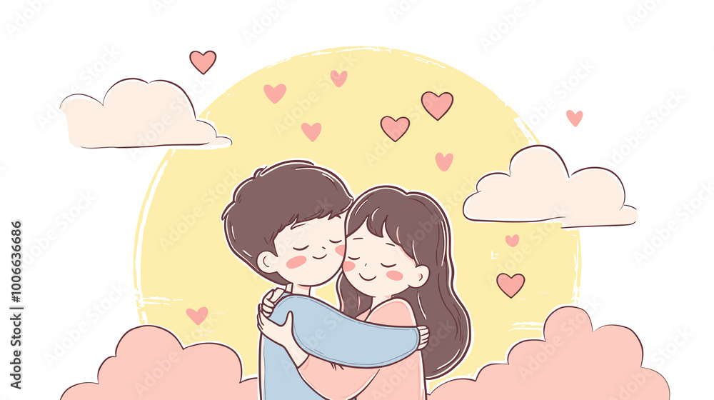 Couple embracing lovingly against sunset sky with hearts and copy space Couple embracing lovingly against sunset sky with hearts and copy space