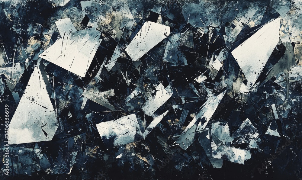 This image showcases an array of geometric shapes interplaying in a fragmented, dynamic style against dark hues. This image showcases an array of geometric shapes interplaying in a fragmented, dynamic style against dark hues.