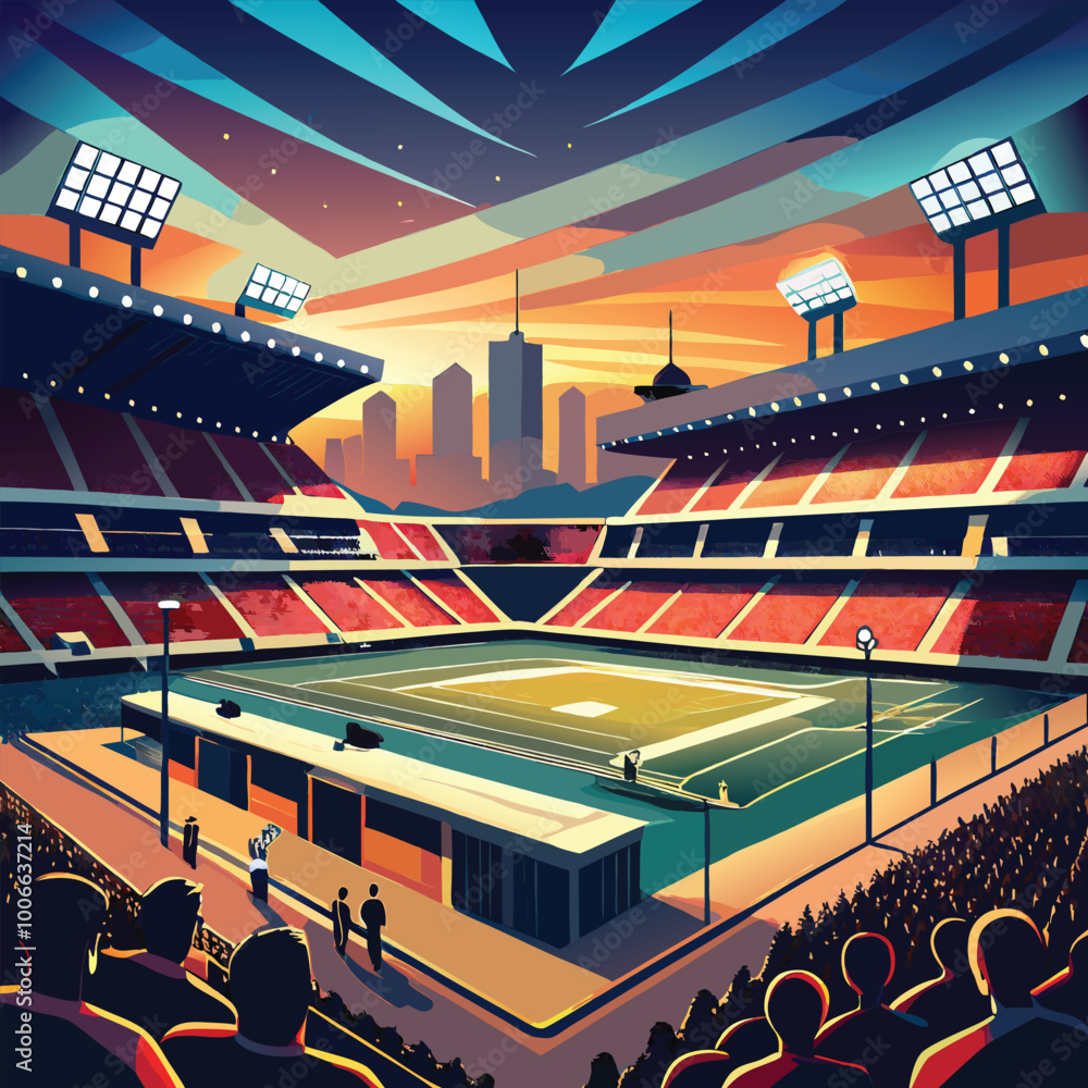 Fototapeta premium Vector of a Football Stadium at Night, With the Floodlights on and Fans Cheering in the Stands. Vector art Illustraion