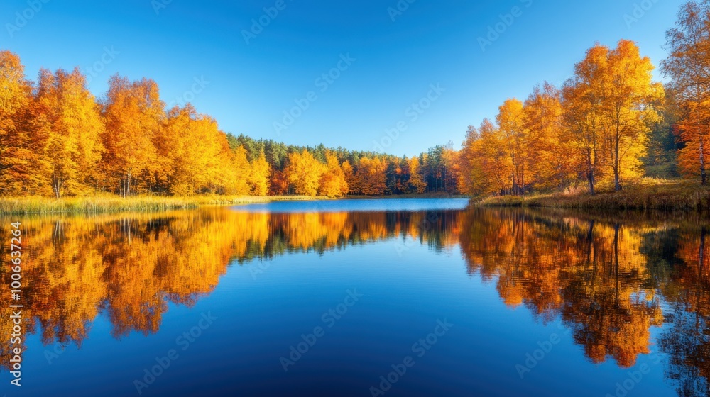 Fototapeta premium Serene Lake Surrounded by Autumn Trees Reflection