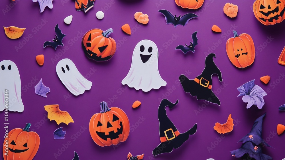 Happy Halloween flat lay with pumpkins, bats, ghosts, and witch hats on a purple background. Happy Halloween flat lay with pumpkins, bats, ghosts, and witch hats on a purple background.