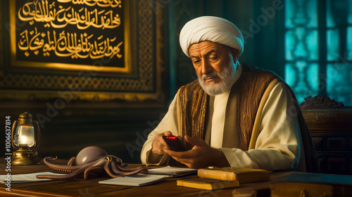 An Iranian mullah holds a blinking pager while sitting beside a metallic octopus sculpture. The room blends traditional Persian decor with modern technology, creating a surreal atmosphere.