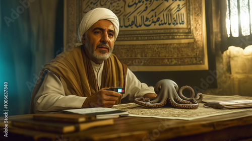 An Iranian mullah holds a blinking pager while sitting beside a metallic octopus sculpture. The room blends traditional Persian decor with modern technology, creating a surreal atmosphere.