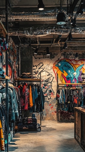 A vibrant clothing store interior featuring colorful graffiti and stylish apparel on display, perfect for urban fashion enthusiasts. photo