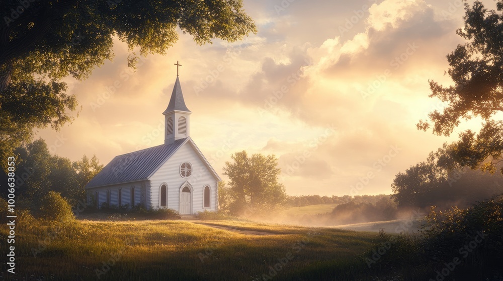 A picturesque white church with a cross on the steeple, bathed in soft morning light, standing alone in a peaceful countryside setting. A picturesque white church with a cross on the steeple, bathed in soft morning light, standing alone in a peaceful countryside setting.