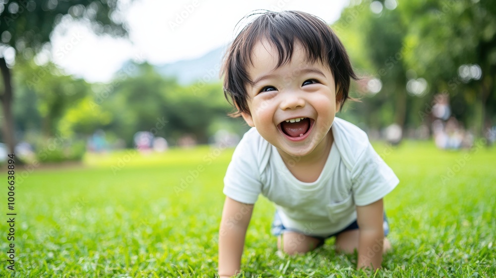 Happy Child Crawling on Grass in Candid Moment Happy Child Crawling on Grass in Candid Moment
