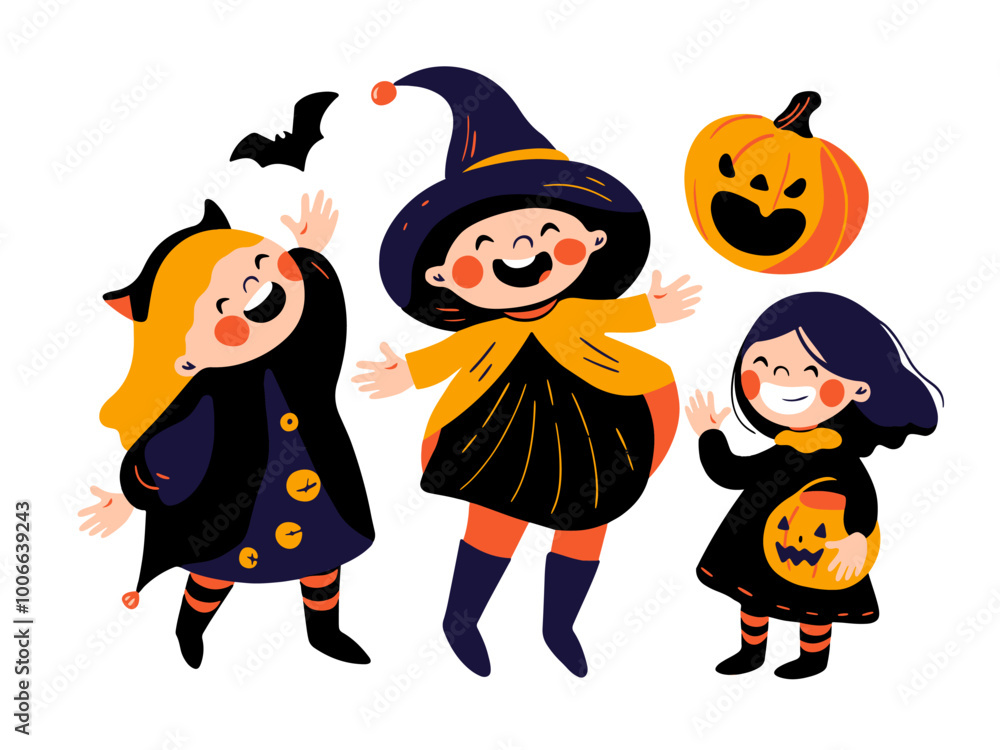 Group of Cute Kids in Halloween Costume - Hand drawn Group of Cute Kids in Halloween Costume - Hand drawn