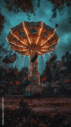 Wallpaper Mural A vintage carousel stands illuminated against a dramatic twilight sky, its empty seats suggesting a sense of nostalgia and quiet reflection. Torontodigital.ca