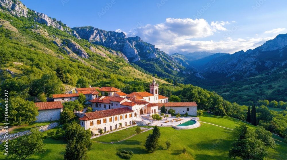 Serene Monastery Nestled in Mountain Landscape Serene Monastery Nestled in Mountain Landscape