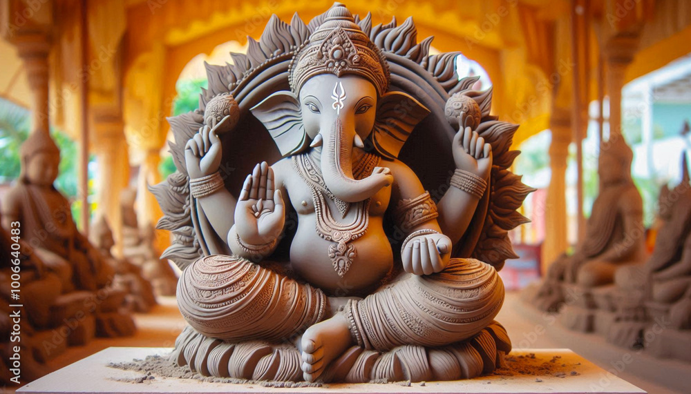 Indian Hindu religion god Ganesh or Ganesha idol, for offering prayers during Hindu festival Ganesh Chathurthi, wedding, Hindu ceremony,opening ceremony,good luck, invitation Indian Hindu religion god Ganesh or Ganesha idol, for offering prayers during Hindu festival Ganesh Chathurthi, wedding, Hindu ceremony,opening ceremony,good luck, invitation