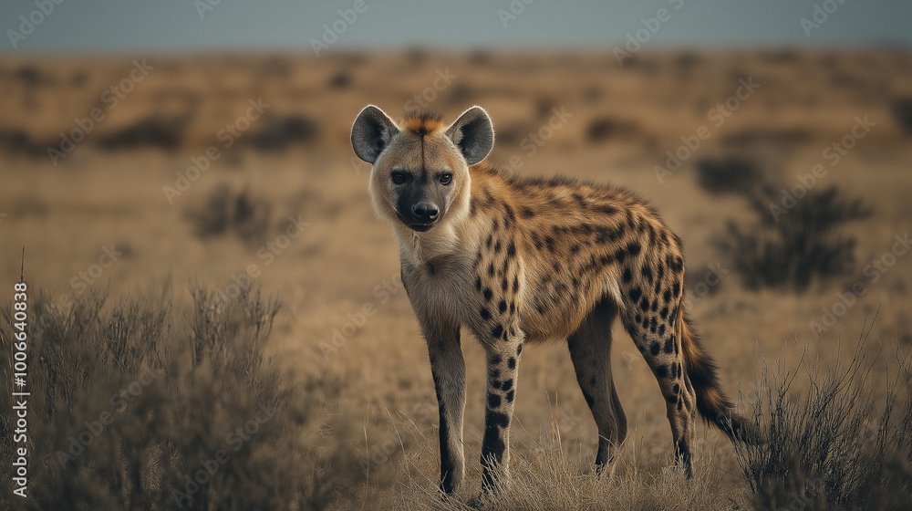 A spotted hyena in a forest, Africa. Crocuta crocuta, carnivore animal, wild life. A spotted hyena in a forest, Africa. Crocuta crocuta, carnivore animal, wild life.