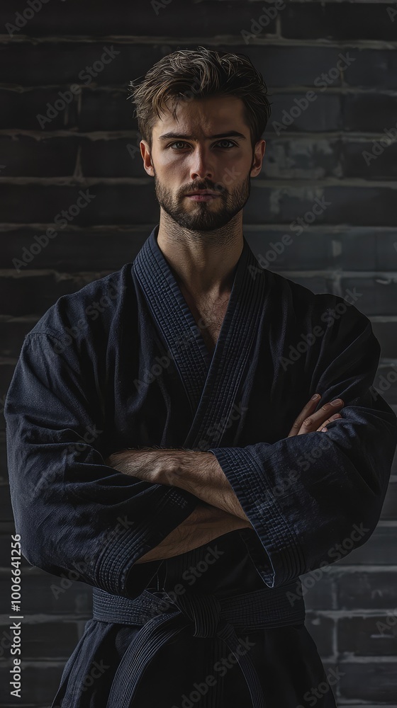 A young man in a black martial arts uniform stands with arms crossed in front of a brick wall.
