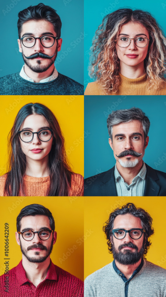 Group of diverse people with different ages standing against color background Group of diverse people with different ages standing against color background