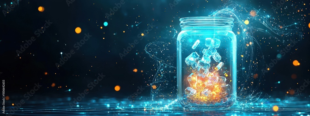 Obraz premium Glowing Jar with Ice Cubes and Sparkling Effects