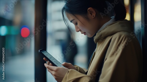 Young woman reading news on smartphone in a busy city