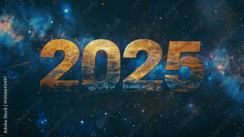 Golden New Year 2025 in space with dark galaxy background Golden New Year 2025 in space with dark galaxy background