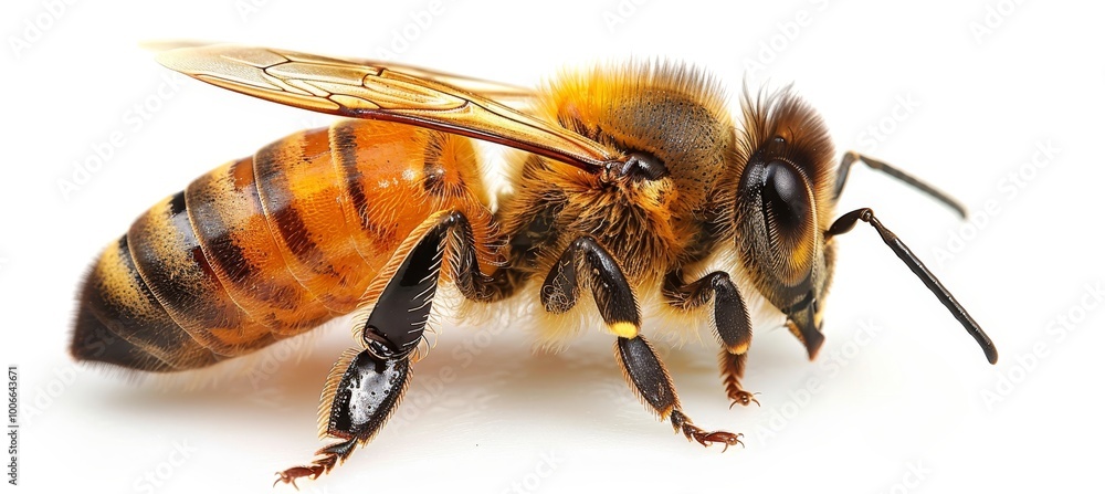 Pure honey extracted from bees, showcasing its golden color against a clean white backdrop