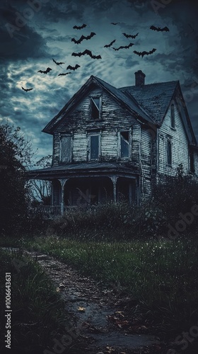 An eerie, abandoned house shrouded in darkness, surrounded by ominous clouds and a flock of bats, creating a haunting atmosphere.