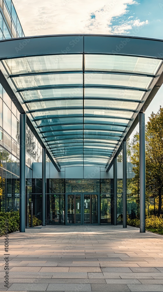 An elegant entrance showcasing modern architecture with glass canopy and neatly arranged stone pathway amidst greenery. An elegant entrance showcasing modern architecture with glass canopy and neatly arranged stone pathway amidst greenery.
