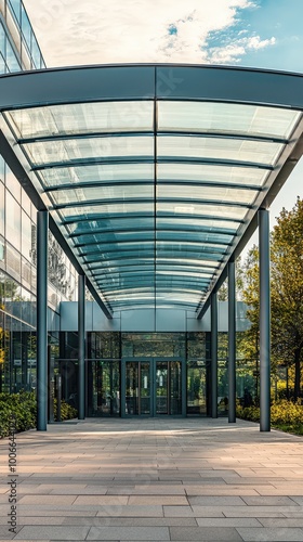 An elegant entrance showcasing modern architecture with glass canopy and neatly arranged stone pathway amidst greenery.