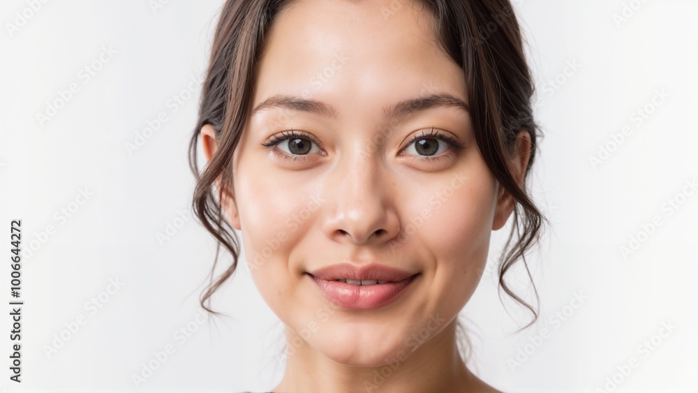 Portrait of a Chinese woman with a bright smile on a light background in a natural light setting Portrait of a Chinese woman with a bright smile on a light background in a natural light setting