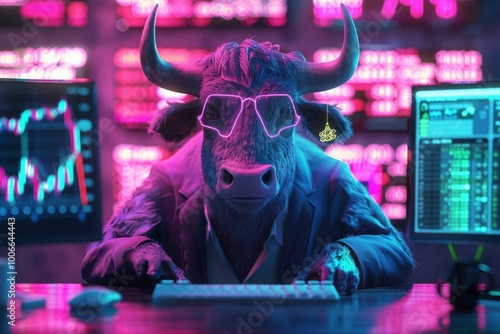 Cartoon bull in business attire at office desk, financial charts glowing, dark purple background with neon lights, high resolution