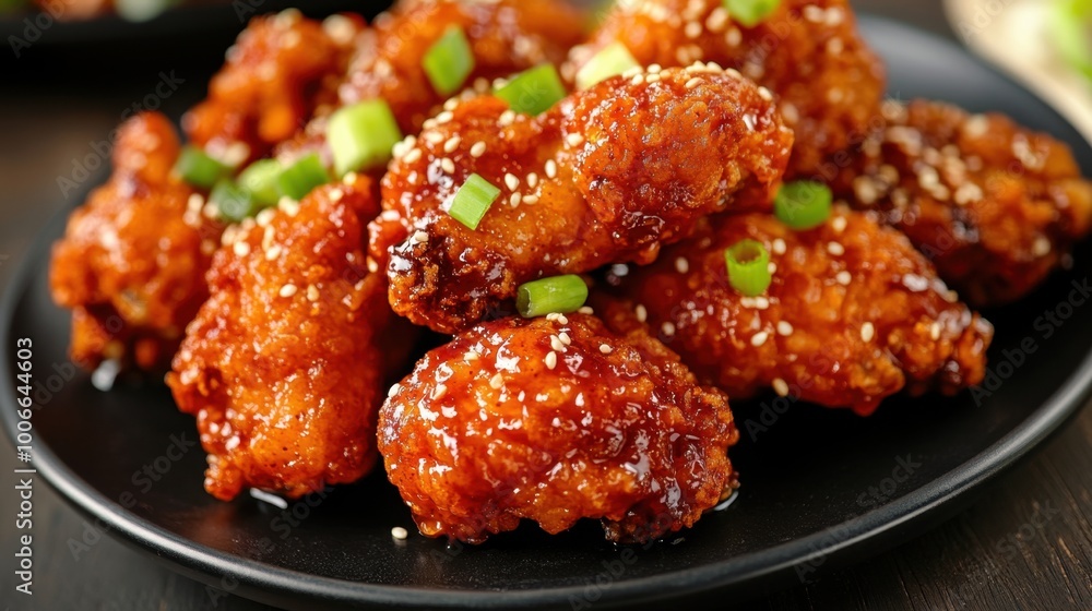 Mouthwatering soy and spicy Korean fried chicken arranged on a black plate, garnished with green onions and sesame seeds for a flavorful feast Mouthwatering soy and spicy Korean fried chicken arranged on a black plate, garnished with green onions and sesame seeds for a flavorful feast